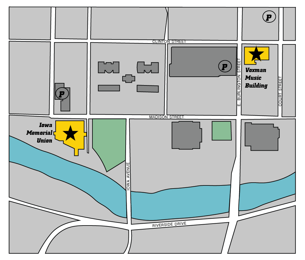 Map of Voxman Music Building in downtown Iowa city