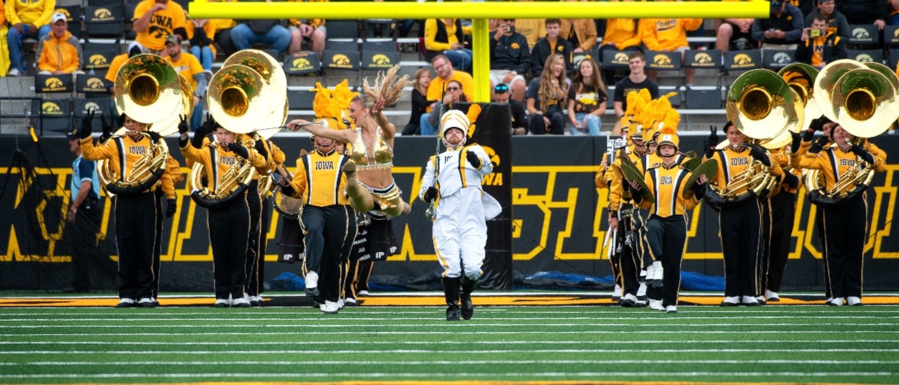 Drum Major, Golden Girl, Drumline, and Sousaphone sections during HMB pregame
